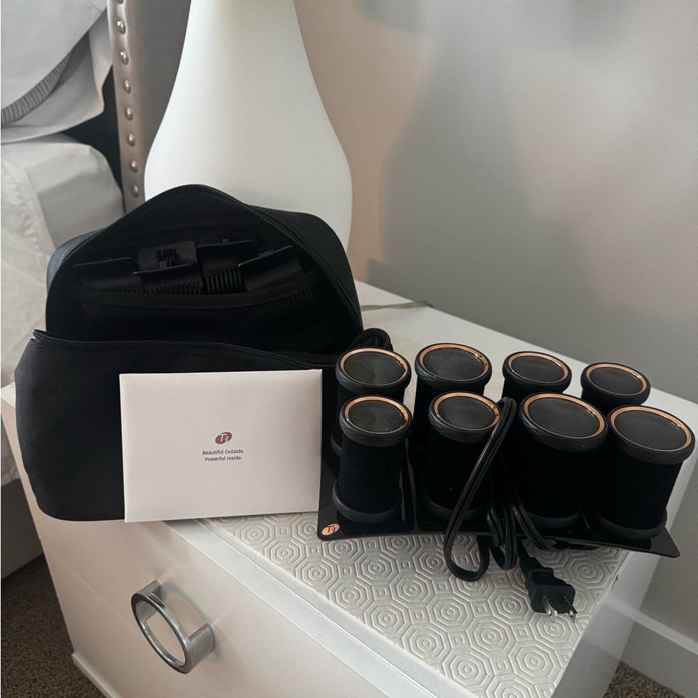 T3 Black and Rose Gold Heated Hair Rollers Set with Travel Case